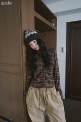 wool cotton shirring checkered long-sleeved shirt