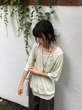 Shushup Off-Shoulder Tencel Layered Snap Short Sleeve Tee