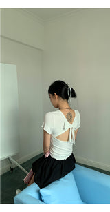 Back slit bow ribbed short sleeve tee