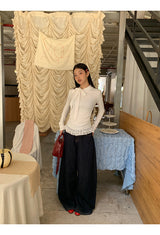 half turtleneck strap lace frill long-sleeve t-shirt