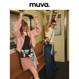 muva. 本革 ベルベット バイカラー ハンドバッグ　チャーム付