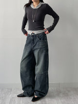 [Unisex] フォース10ピンタックワイドデニムパンツ