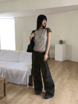 Denti button pintuck shirring long wide cargo pants