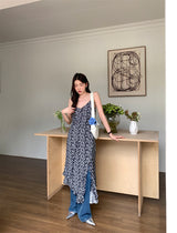 Slit shirring flower long sleeveless dress