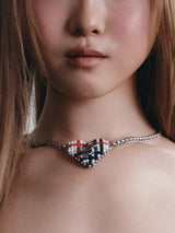 BEADED TARTAN CHECK HEART NECKLACE (WHITE)