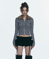FUR COLLAR GRAPHIC KNIT ZIP-UP_GREY