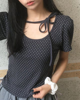 ハエルドットパフスリーブストラップTシャツ