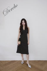dot halter-neck sleeveless V-neck long dress