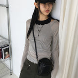 Nowell ハートカッティングシースルーテンセルウェーブUネック長袖Tシャツ