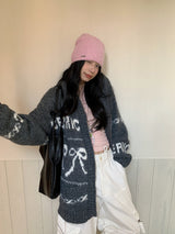 Bow Wide Hooded Knitwear Zip-Up Cardigan