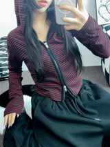 STRIPE SLIN クロップドフーディージップアップ 🤎❤🩶🖤3COLOR