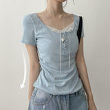 Miu Side Shirring Lace Short-Sleeve Blouse T-shirt (4 colors)