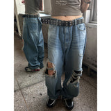 [Unisex] 膝下ダメージワイドデニムパンツ