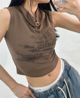 DAMAGE PRINT SLEEVELESS NECK SHIRRING TOP🤎🤍 - 2 COLORS