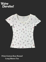 Print Cotton Bow Round Short Sleeve Tee