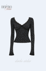 Blue Floral Deep V Long Sleeve T-shirt