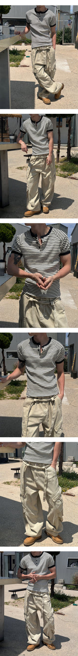 [Slim Fit] ストライプヘンリーネックハーフニットTシャツ(3color)