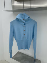 Sky blue high-neck button long-sleeved knitwear