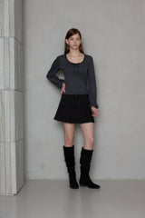 STRIPE RIBBON SHIRRING T-SHIRT
