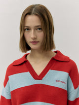 WOOL BLENDED COLLAR STRIPE BOARDER KNIT RD+BL