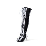 Thigh High Shoelace Point Boots Heel(Glossy Black)