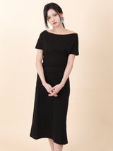 オフショルダースリットロングワンピース Black