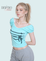 Rope Mint Shirring Off-Shoulder Short Sleeve T-Shirt