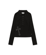 クロスボタンカラーストライプロングスリーブ_ブラック