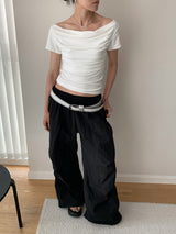 Hand shirring off-shoulder spandex short-sleeved T-shirt