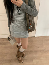 Light Hour Striped Sleeveless Dress & Silver Button Cardigan 2-piece Set (Gray)