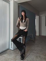 Ash Ribbed Deep Button Layered Long Sleeves
