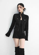 Dark Wash Denim Jacket + Deep Black Knit Set