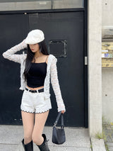  Sugar Veil Sheer Lace Long Sleeve Hooded Zip-Up (White)