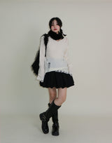 ラバーVネックダメージカットポイント長袖ニット (wool material)