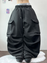 フリース ❤カーゴパラシュートツーピンタックワイドボトンパンツ🖤🩶2カラー