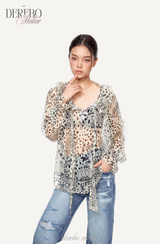 Leopard see-through frill blouse