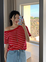 [MADE] Spool Stripe Unbalanced Off-Shoulder T-Shirt