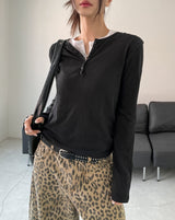 Koi Basic Button Henley Neck Long Sleeve