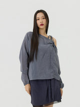 One-shoulder Blanc Ribbon Shirring Detail Top, Charcoal