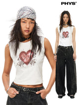 Knitted mesh panelled print hot diamond brad vest