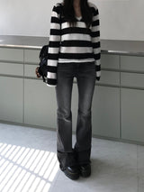 Stripe V-neck knitwear (one color)