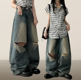 Andy Knee Damage Cutting Deep Washed Denim Wide Pants