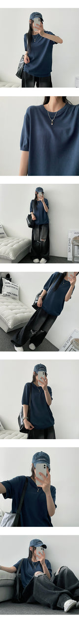 fullerene linen round short-sleeved knitwear