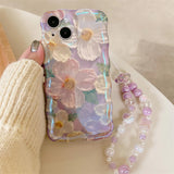 3D フラワー チェーン ウェーブ フレーム iPhone ケース ウィズ ビーズ ウィスト ストラップ