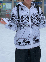 Snowflake Nordic wool knit hooded zip-up