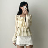 Lynx Ribbon Square Neck Shirring Blouse