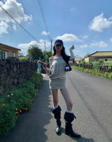 ベージュルーズフィットワイドネックミニドレス