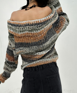SNOWFLAKE COLOR-BLOCK BROWN OFF-SHOULDER LONG-SLEEVE KNIT
