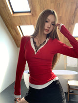 Lace Layered Long Sleeve V-Neck T-Shirt
