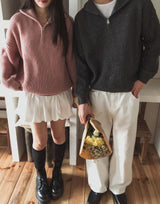 Basic Over Fit High-Neck Half Zip-Up Knit